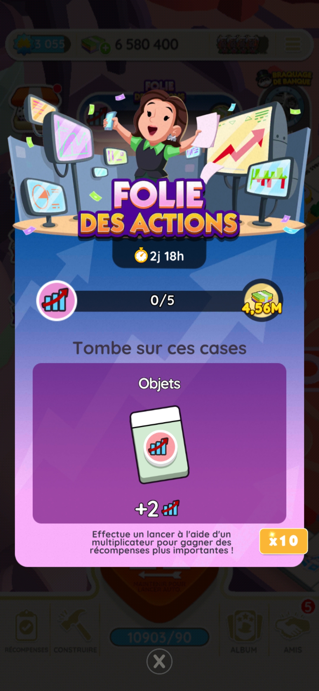 Folie des actions Monopoly GO, paliers, et durée pour l